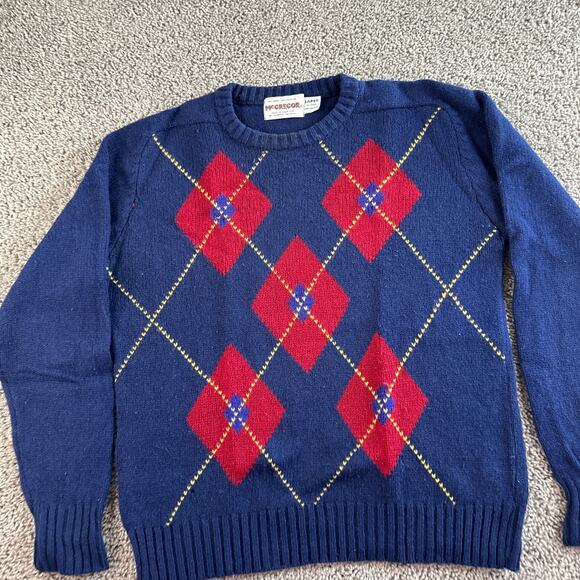 VINTAGE 80s McGregor Sweater Mens Large Blue Red Wool Blend Argyle Pullover * - Picture 3 of 11